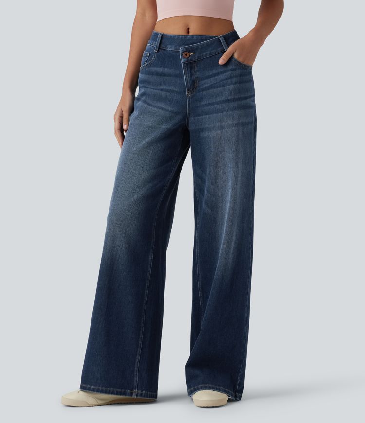 jean décontracté asymétrique à taille mi-haute et jambes larges avec poches halara flex