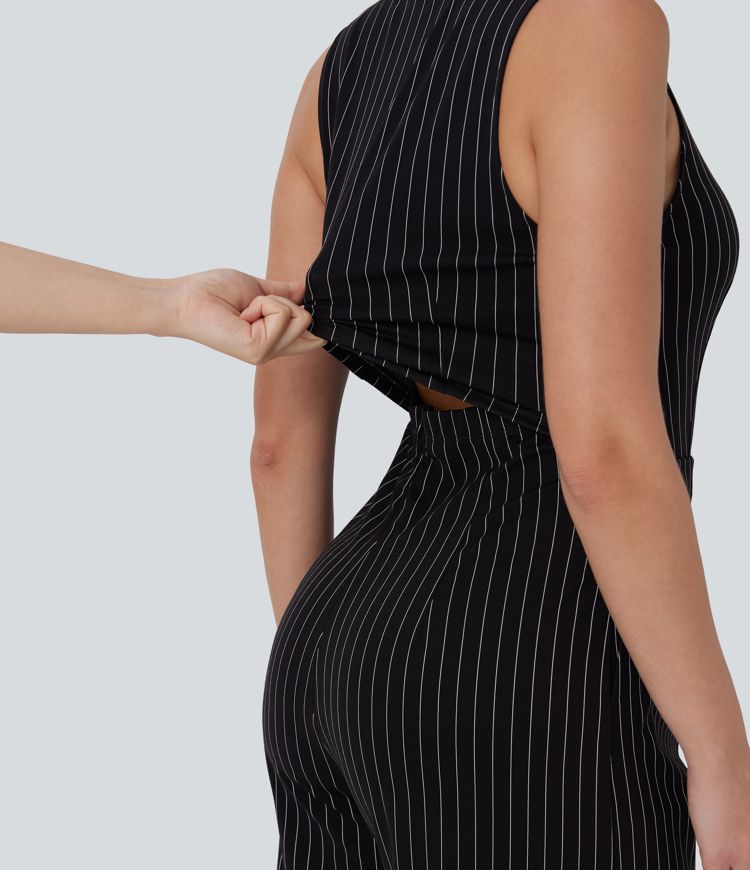 combinaison de travail rayée sans manches à col en v et ceinture avec poches - easy peezy