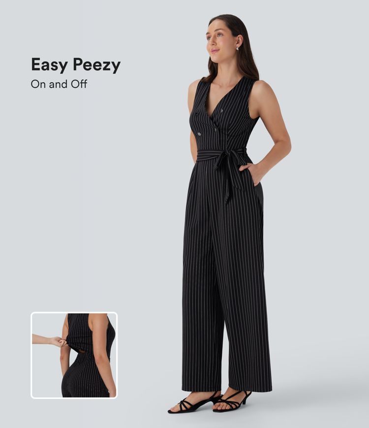 combinaison de travail rayée sans manches à col en v et ceinture avec poches - easy peezy