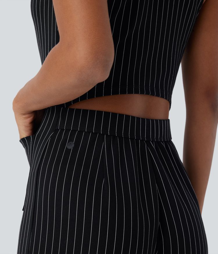 combinaison de travail sans manches à col en v poches découpées jambes larges rayures toucher frais à rayures.