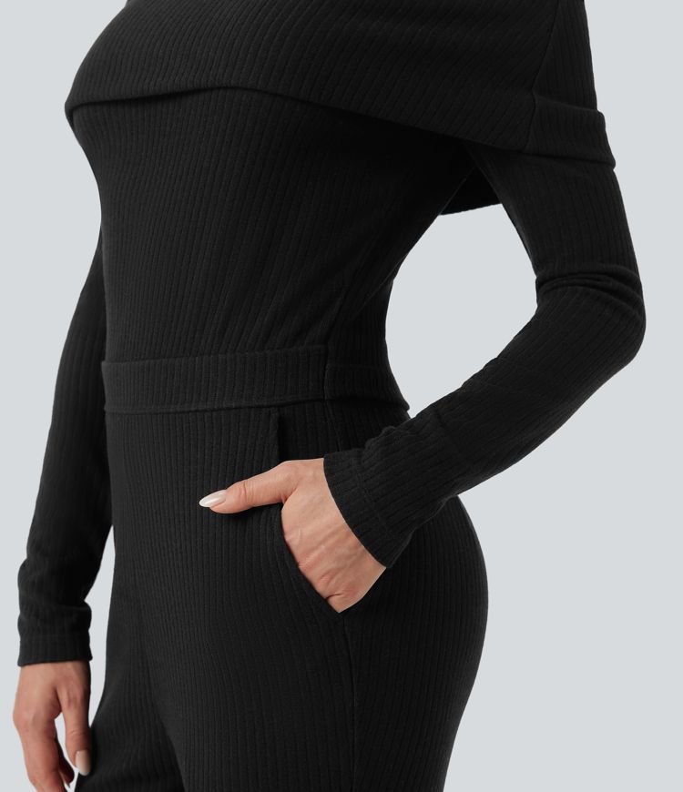 combinaison décontractée à manches longues épaules dénudées et poches en maille côtelée - Édition easy peezy