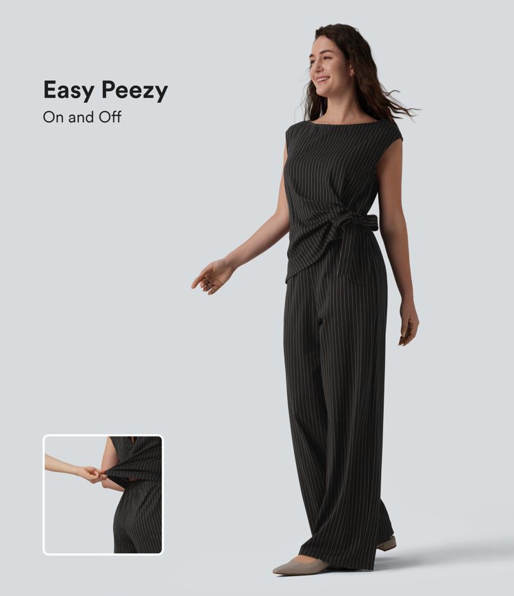 combinaison de travail sans manches à col bateau et rayures douces au toucher avec poches - Édition easy peezy