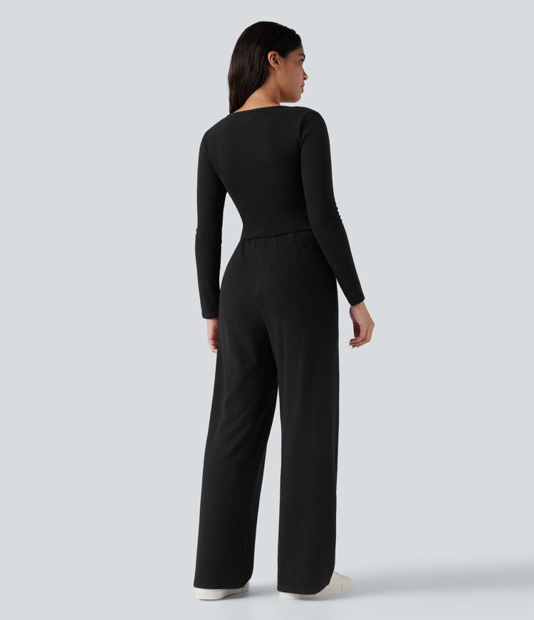 combinaison décontractée à manches longues et poches style henley côtelé - easy peezy