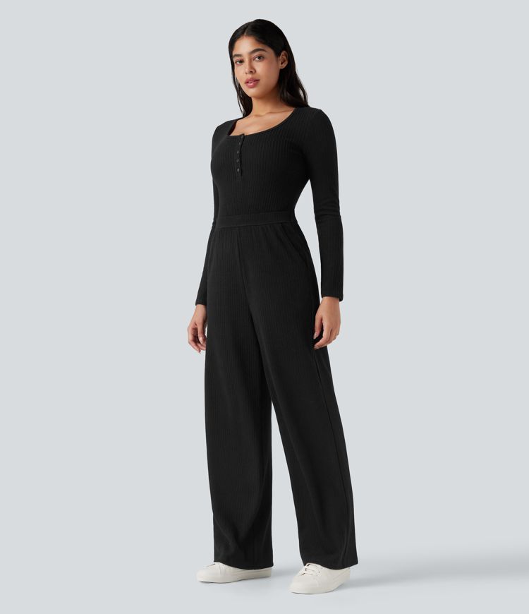 combinaison décontractée à manches longues et poches style henley côtelé - easy peezy