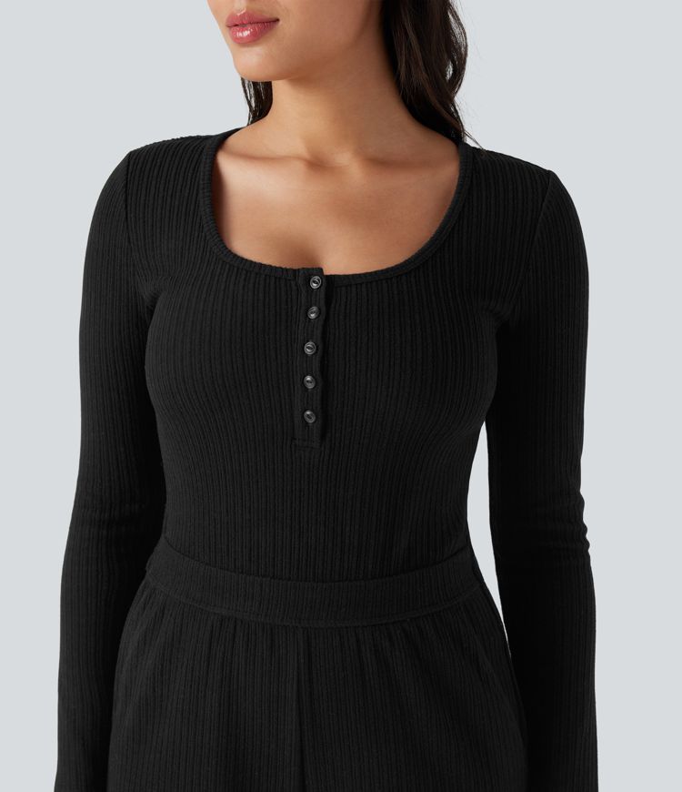 combinaison décontractée à manches longues et poches style henley côtelé - easy peezy