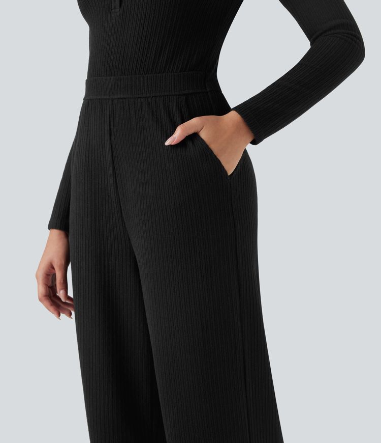 combinaison décontractée à manches longues et poches style henley côtelé - easy peezy