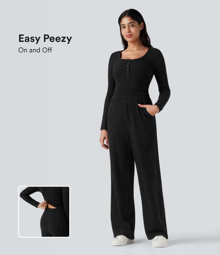 combinaison décontractée à manches longues et poches style henley côtelé - easy peezy