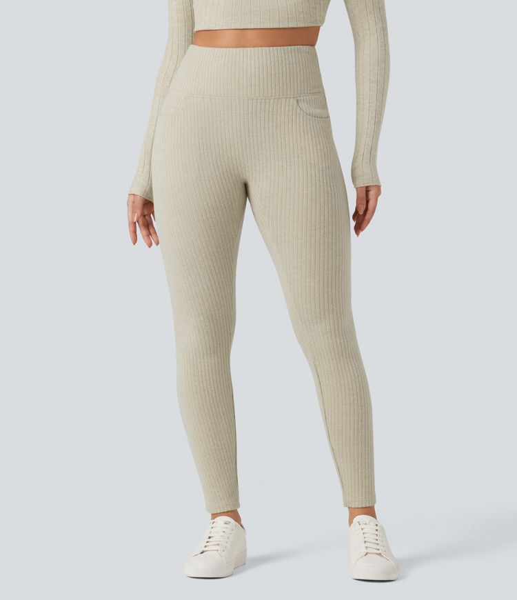 leggings décontractés taille haute en maille côtelée avec dos croisé et poches