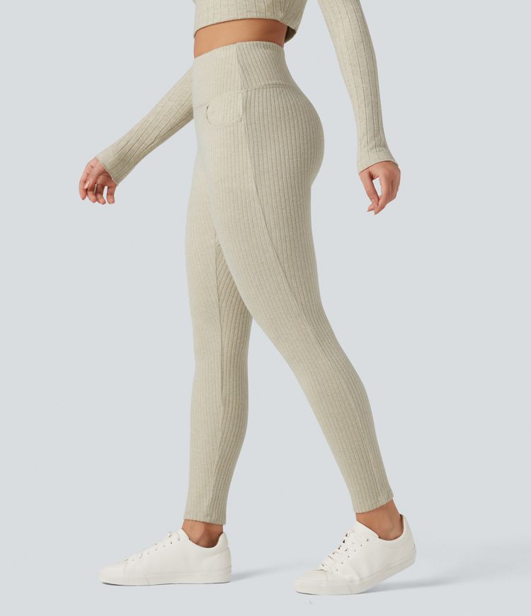 leggings décontractés taille haute en maille côtelée avec dos croisé et poches