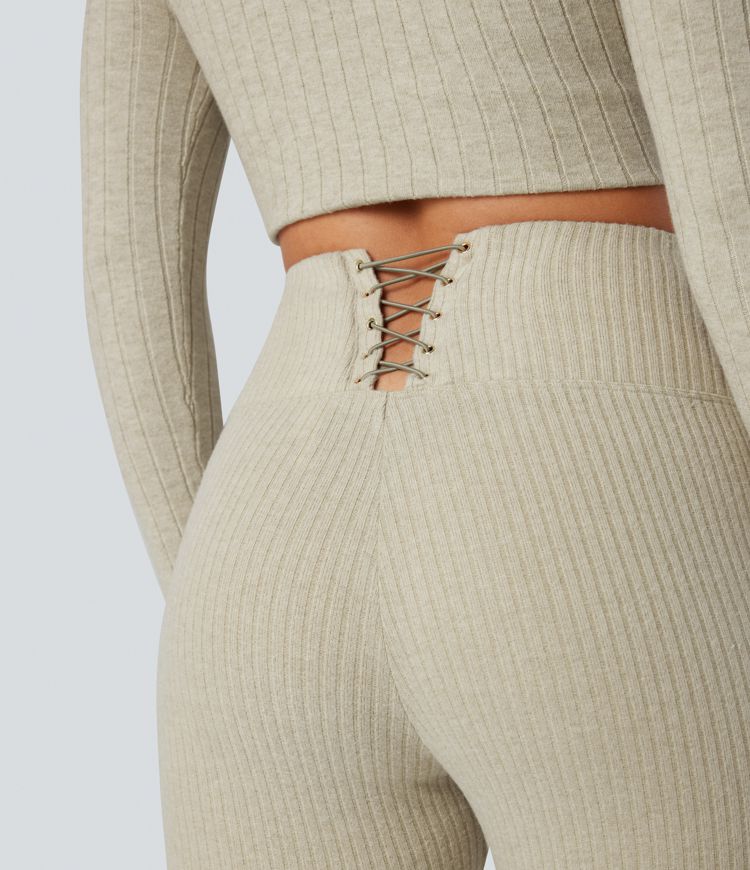 leggings décontractés taille haute en maille côtelée avec dos croisé et poches