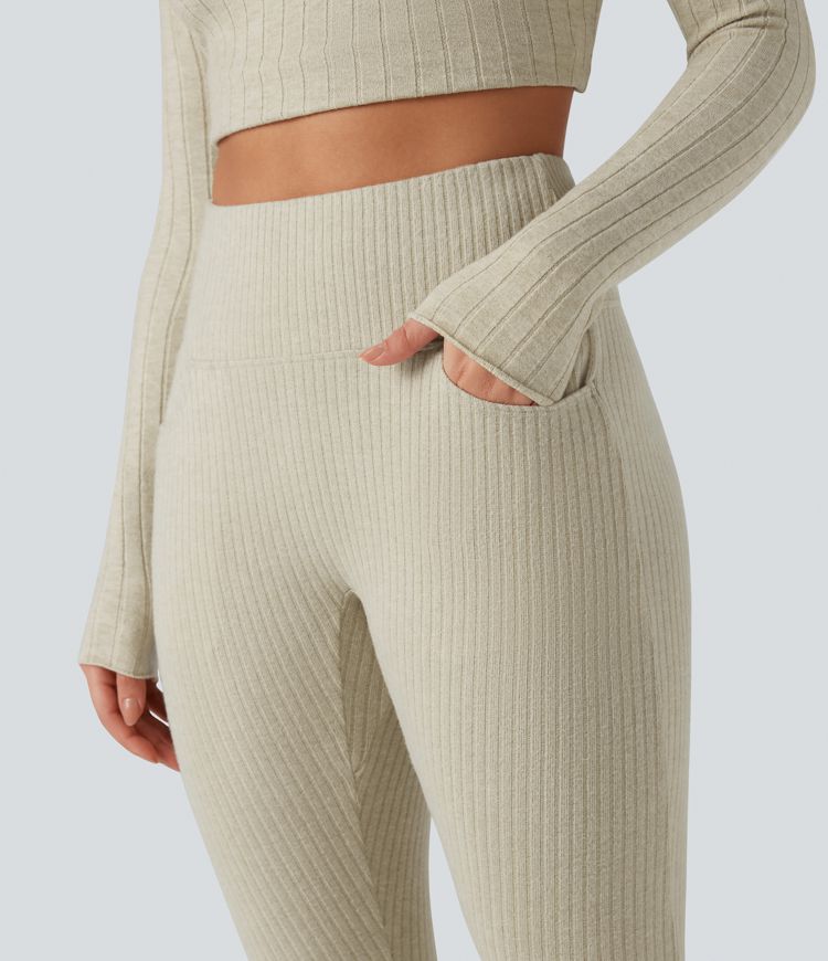 leggings décontractés taille haute en maille côtelée avec dos croisé et poches