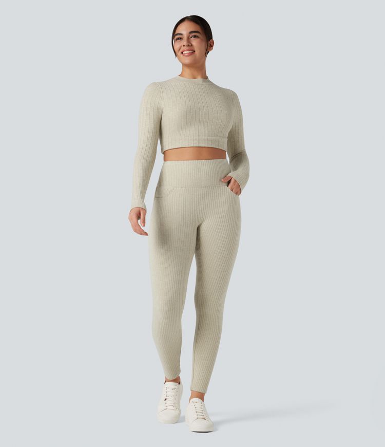 leggings décontractés taille haute en maille côtelée avec dos croisé et poches