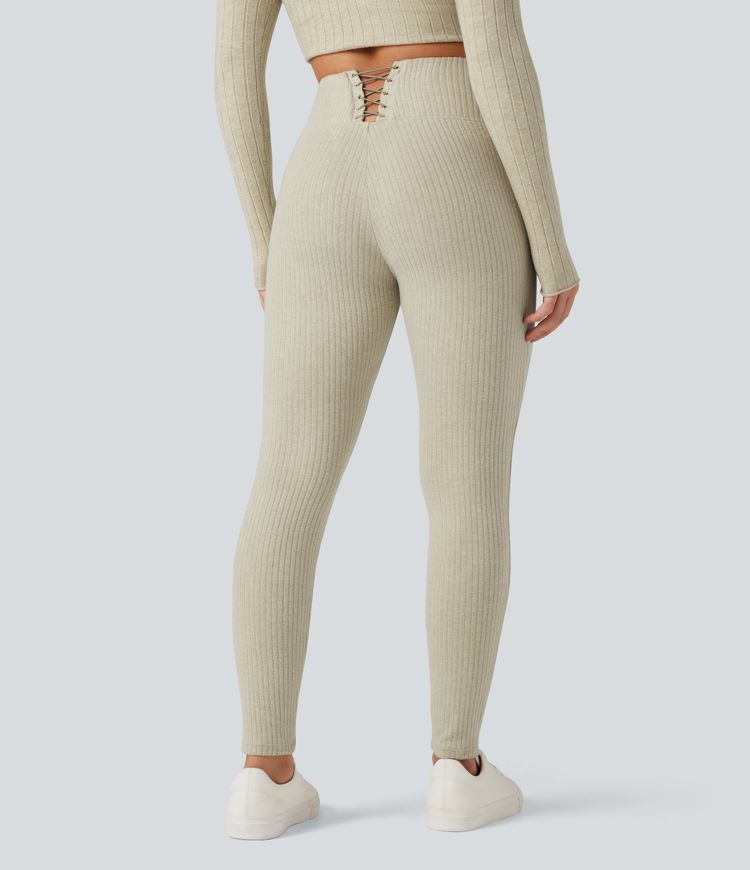 leggings décontractés taille haute en maille côtelée avec dos croisé et poches