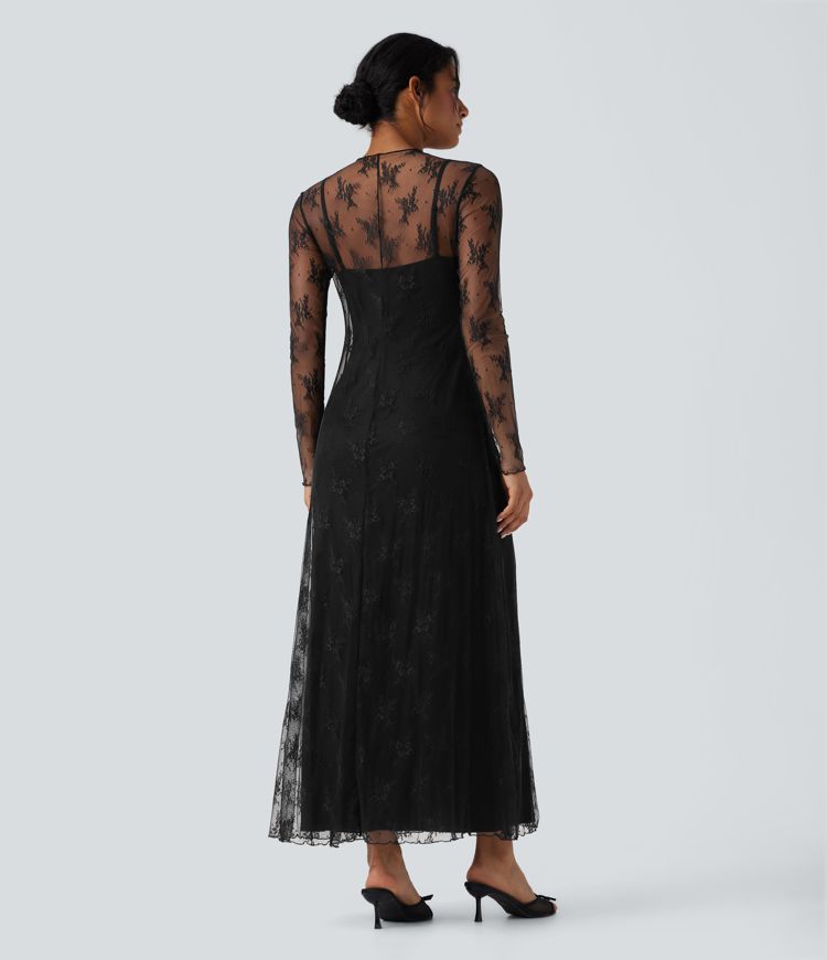 robe longue décontractée en dentelle deux pièces à manches longues