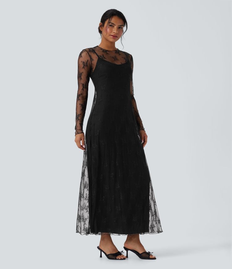 robe longue décontractée en dentelle deux pièces à manches longues
