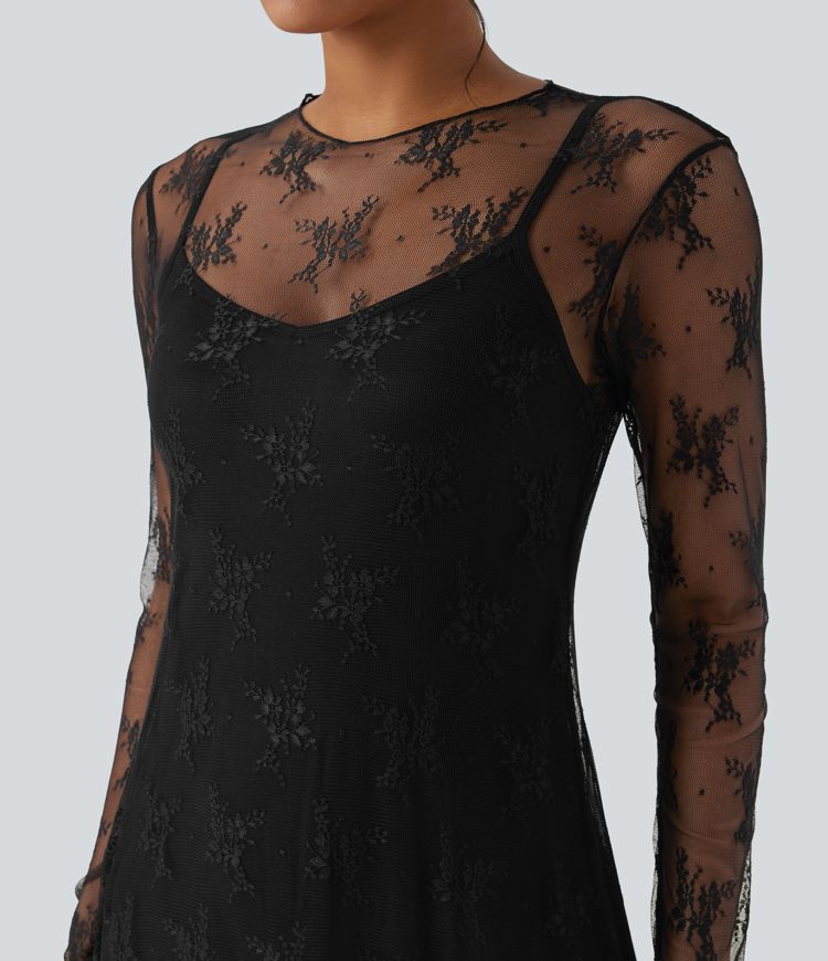 robe longue décontractée en dentelle deux pièces à manches longues