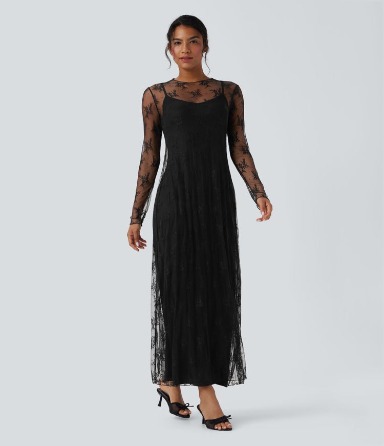 robe longue décontractée en dentelle deux pièces à manches longues