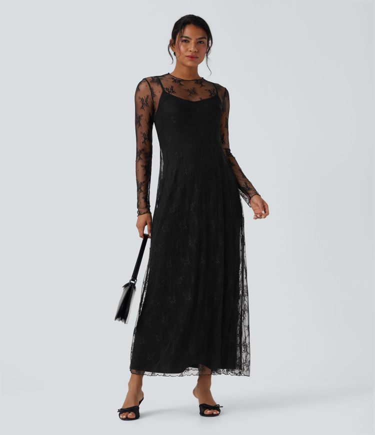 robe longue décontractée en dentelle deux pièces à manches longues