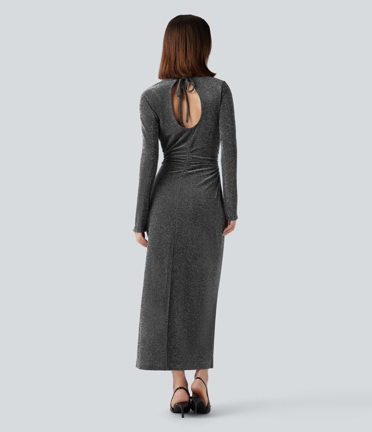 robe de soirée midi à paillettes dos nu manches longues fendues et ourlet découpé