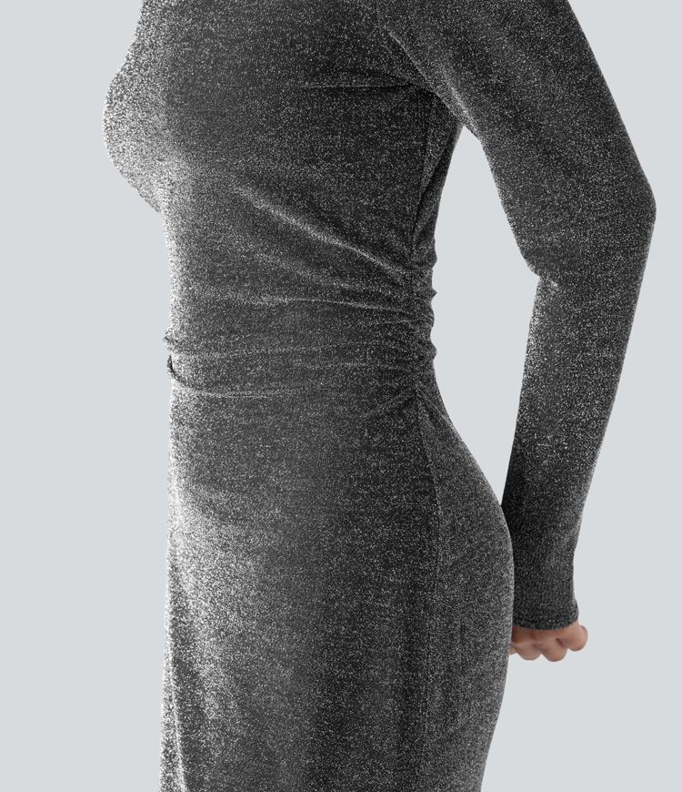 robe de soirée midi à paillettes dos nu manches longues fendues et ourlet découpé