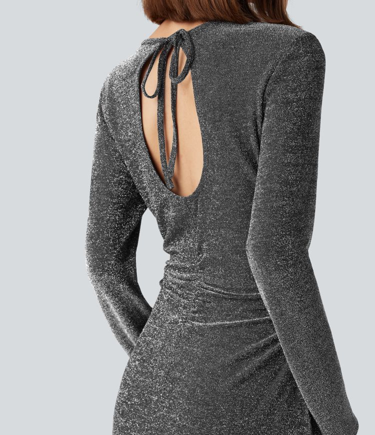 robe de soirée midi à paillettes dos nu manches longues fendues et ourlet découpé