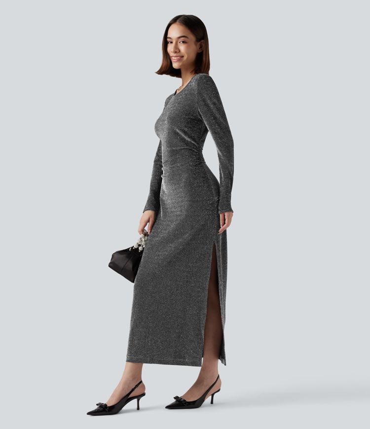 robe de soirée midi à paillettes dos nu manches longues fendues et ourlet découpé