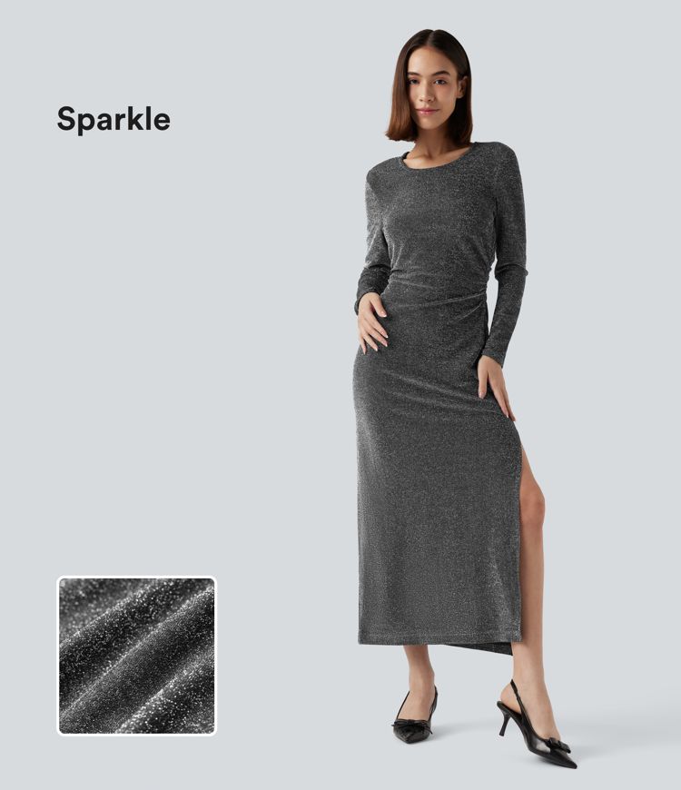 robe de soirée midi à paillettes dos nu manches longues fendues et ourlet découpé