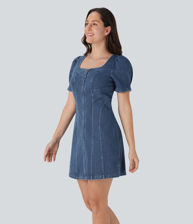 robe courte décontractée en jean à col carré et manches courtes zippée halara flex