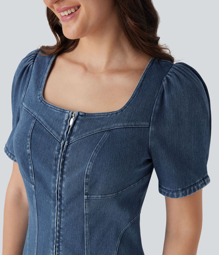 robe courte décontractée en jean à col carré et manches courtes zippée halara flex