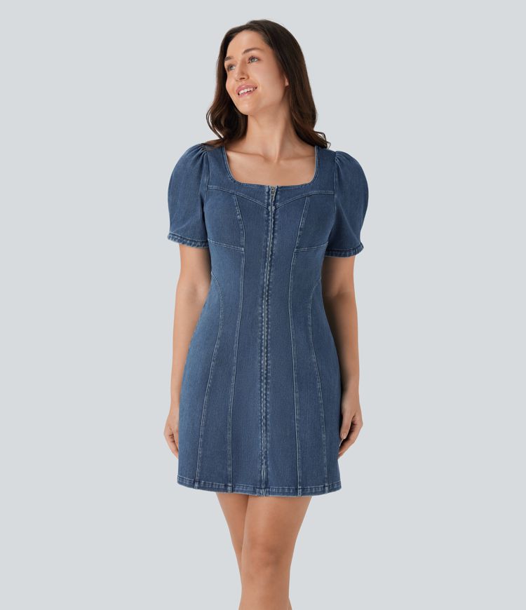 robe courte décontractée en jean à col carré et manches courtes zippée halara flex