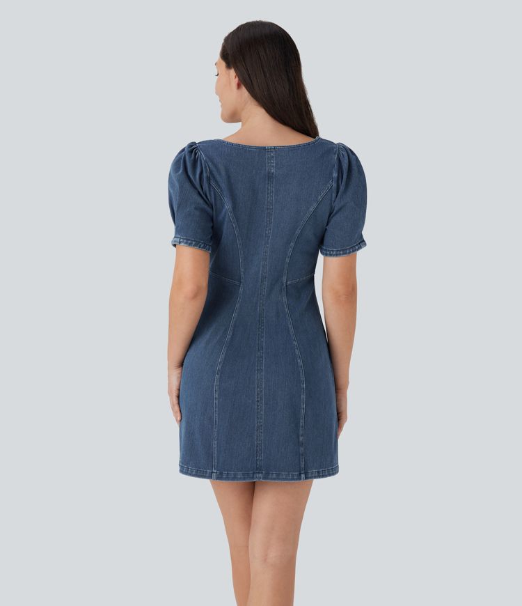 robe courte décontractée en jean à col carré et manches courtes zippée halara flex