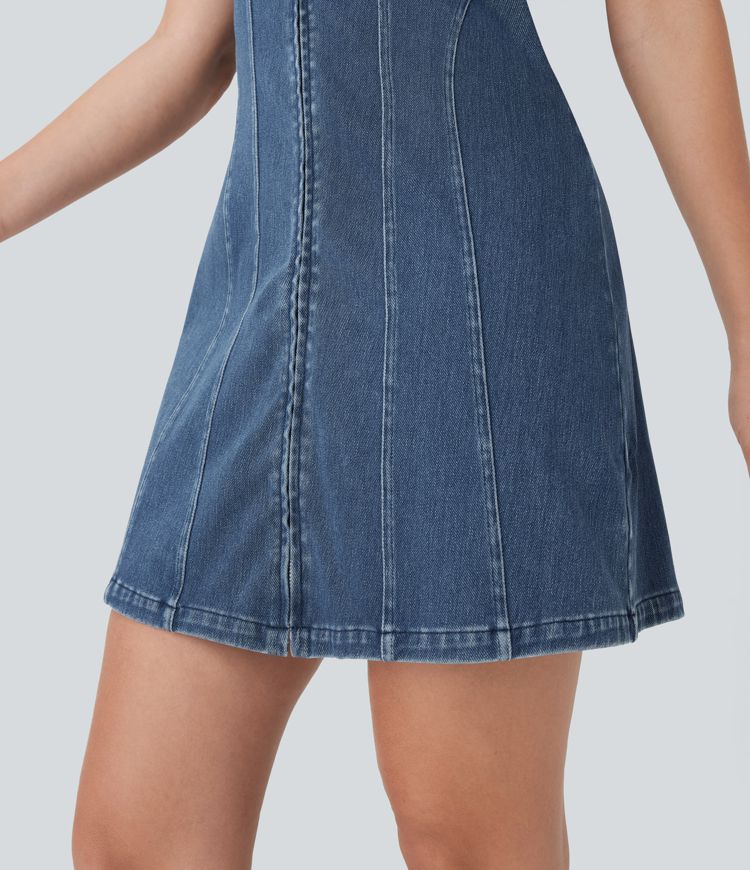 robe courte décontractée en jean à col carré et manches courtes zippée halara flex