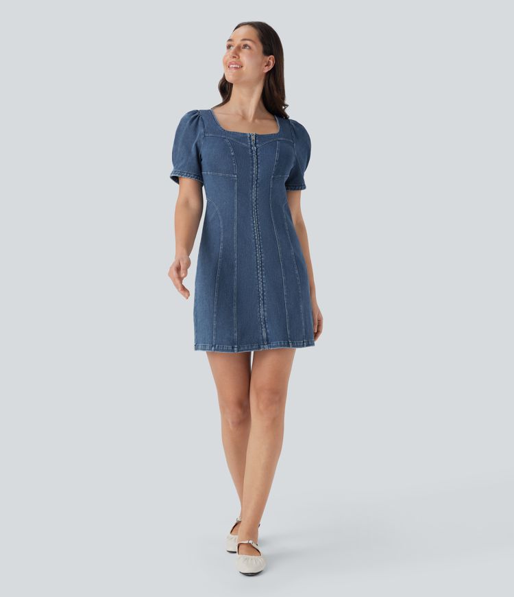 robe courte décontractée en jean à col carré et manches courtes zippée halara flex