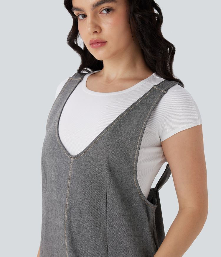 robe mini décontractée en jean à col en v avec poches