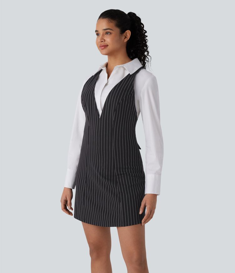 robe de travail courte à rayures et col en v douce au toucher