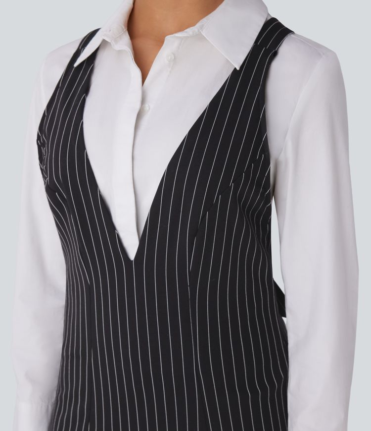 robe de travail courte à rayures et col en v douce au toucher