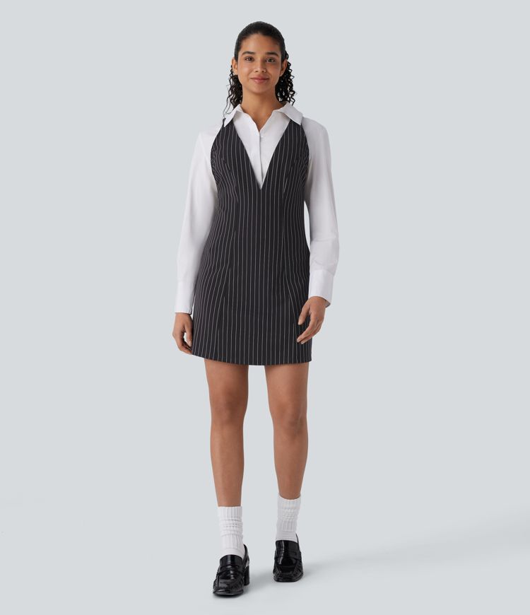 robe de travail courte à rayures et col en v douce au toucher