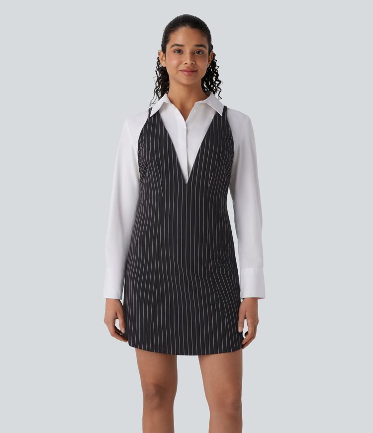 robe de travail courte à rayures et col en v douce au toucher