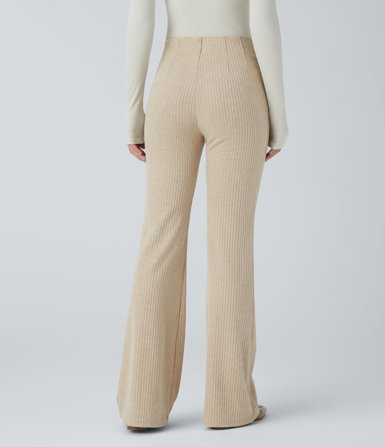 pantalon évasé décontracté en maille côtelée taille haute et poches latérales zippées