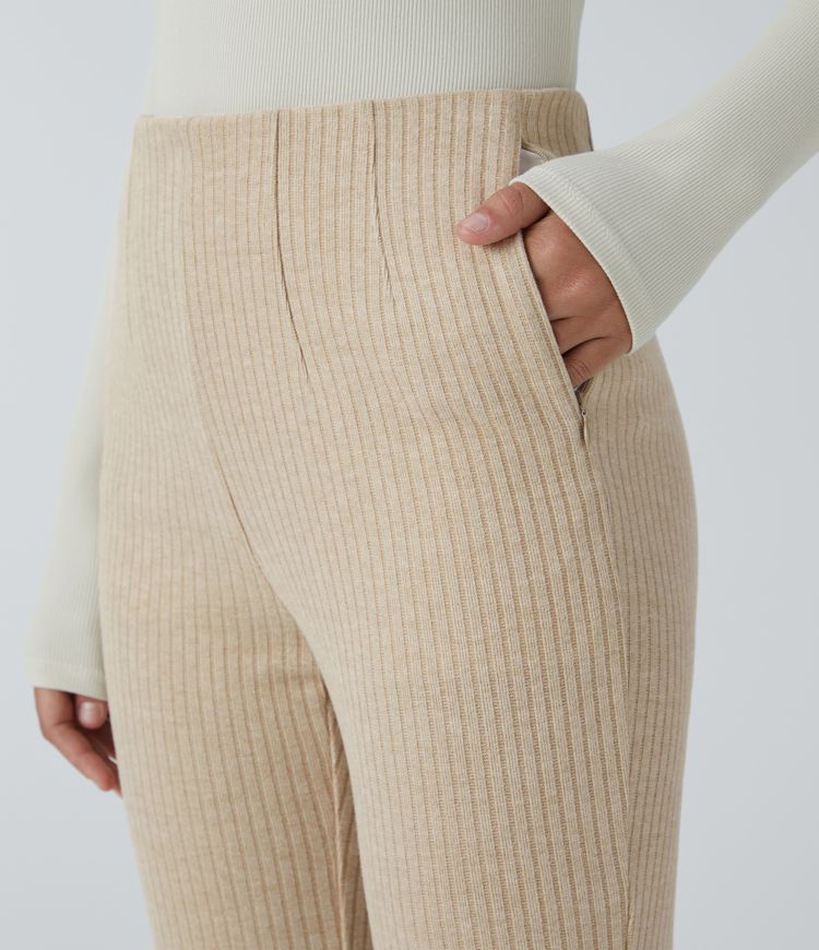 pantalon évasé décontracté en maille côtelée taille haute et poches latérales zippées