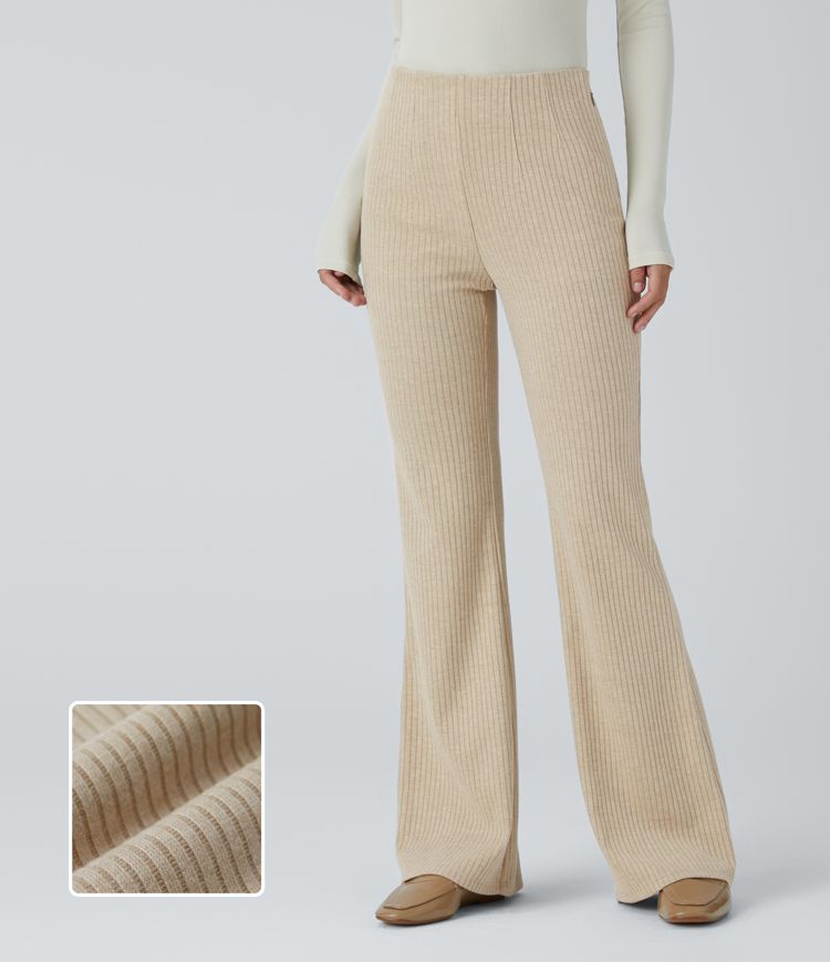 pantalon évasé décontracté en maille côtelée taille haute et poches latérales zippées