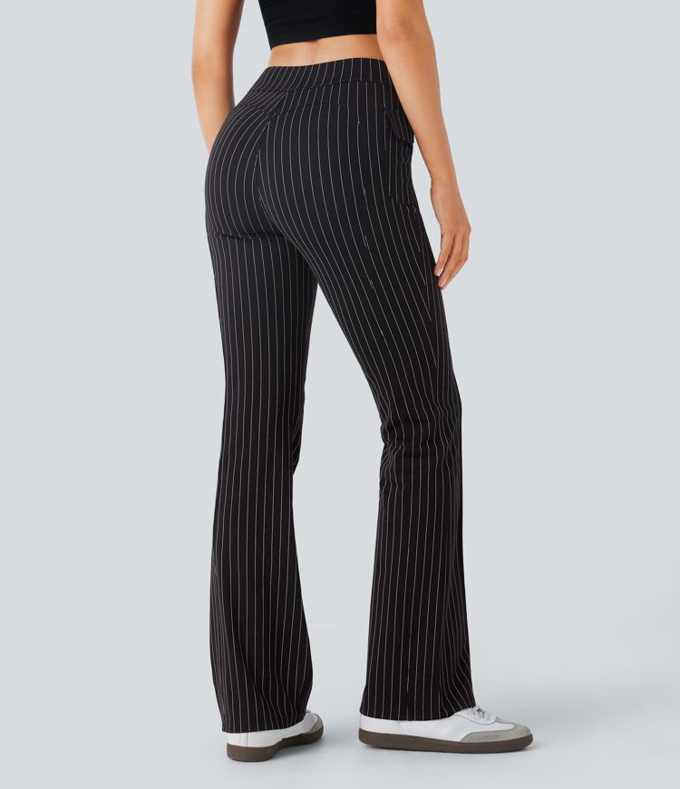 pantalon évasé décontracté à rayures taille haute poches à rabat et tissu respirant.