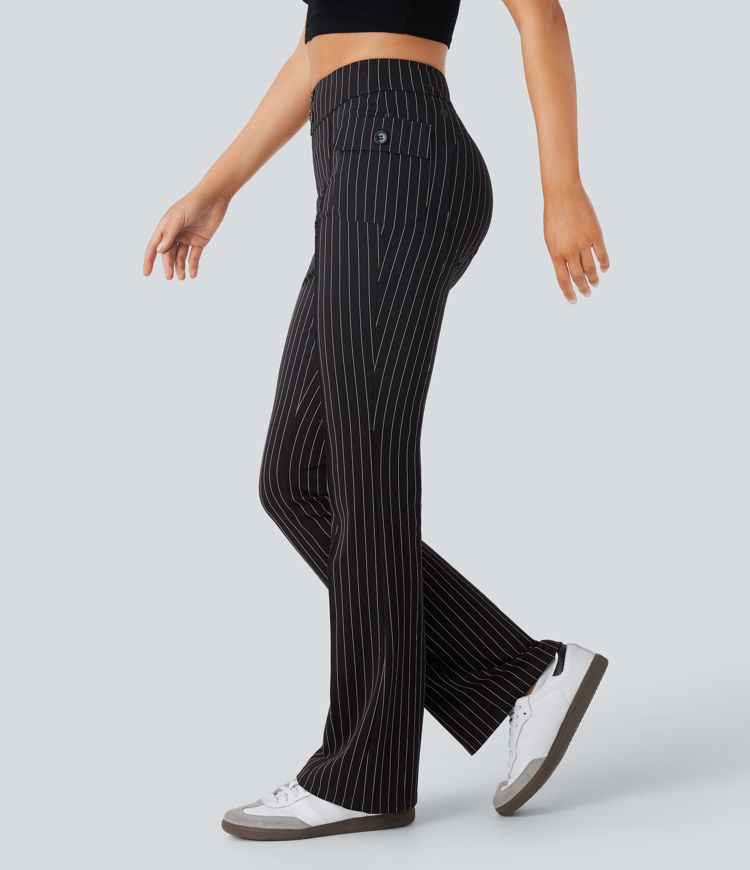 pantalon évasé décontracté à rayures taille haute poches à rabat et tissu respirant.