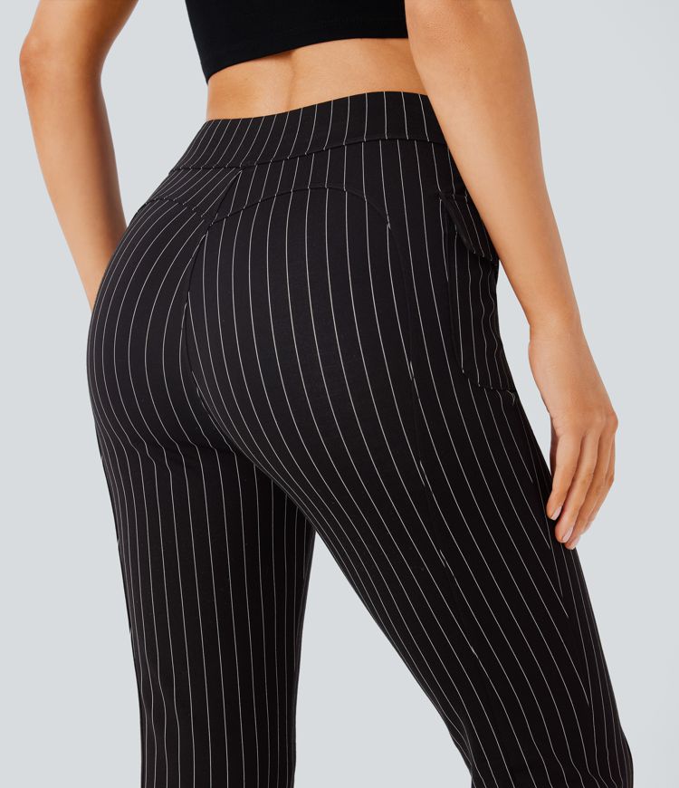 pantalon évasé décontracté à rayures taille haute poches à rabat et tissu respirant.