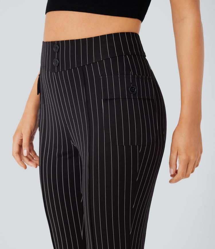 pantalon évasé décontracté à rayures taille haute poches à rabat et tissu respirant.