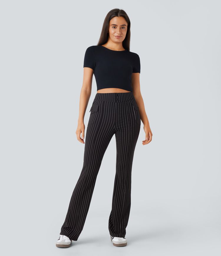 pantalon évasé décontracté à rayures taille haute poches à rabat et tissu respirant.