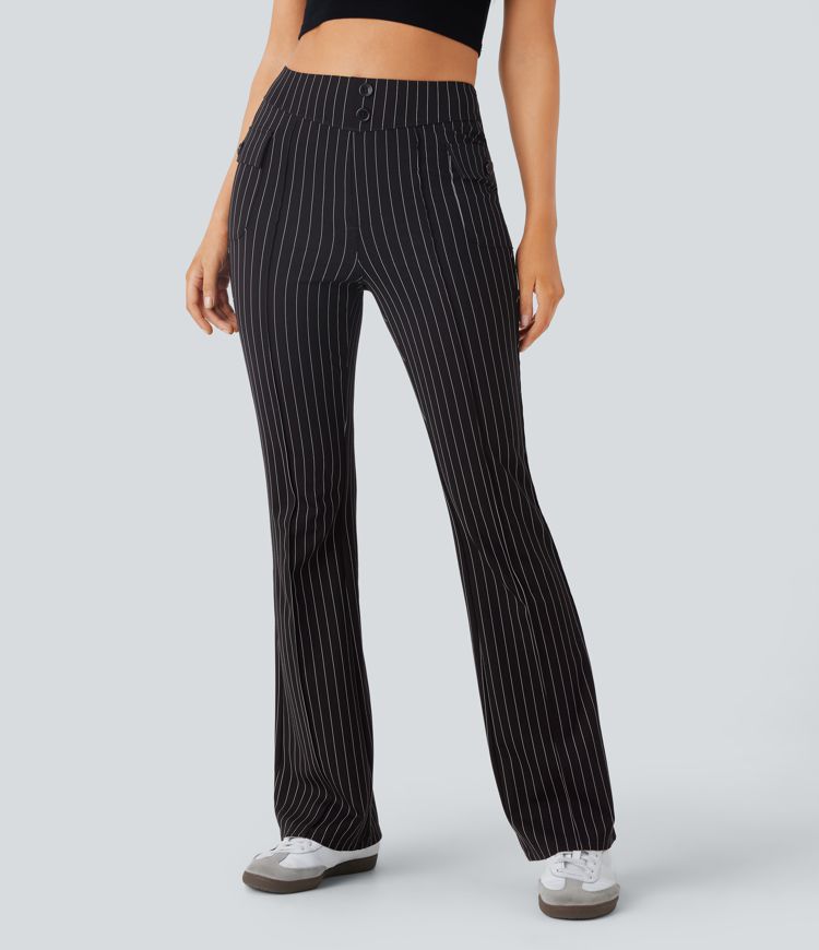 pantalon évasé décontracté à rayures taille haute poches à rabat et tissu respirant.