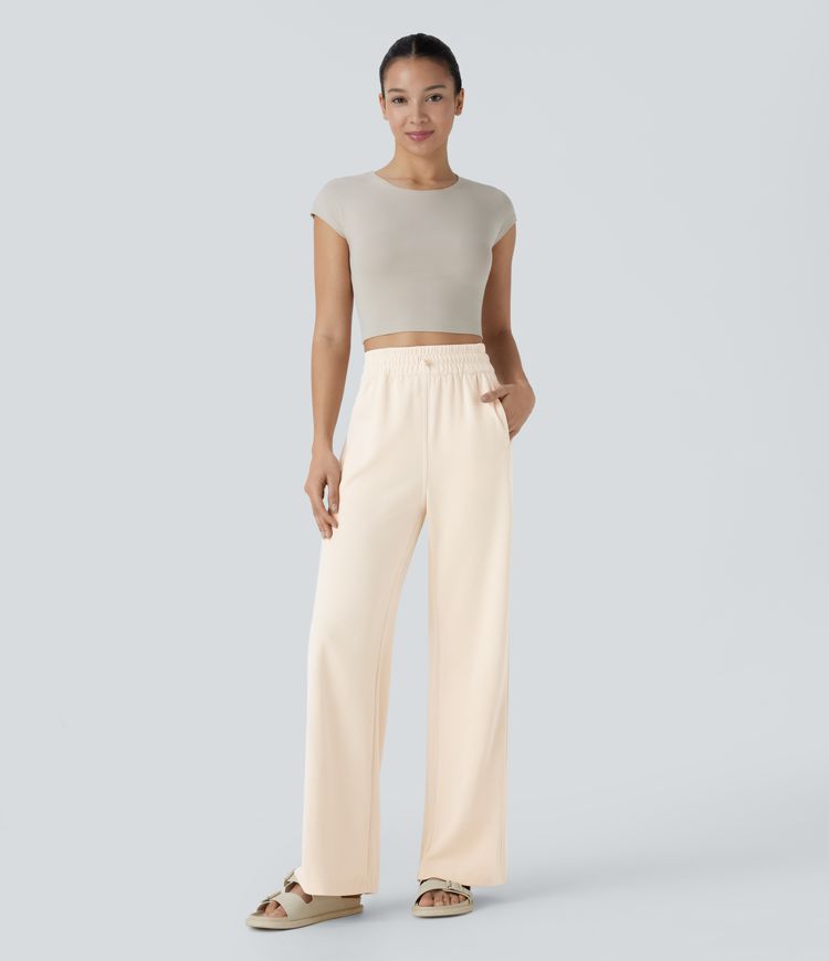 pantalon décontracté taille haute à poches et jambes droites