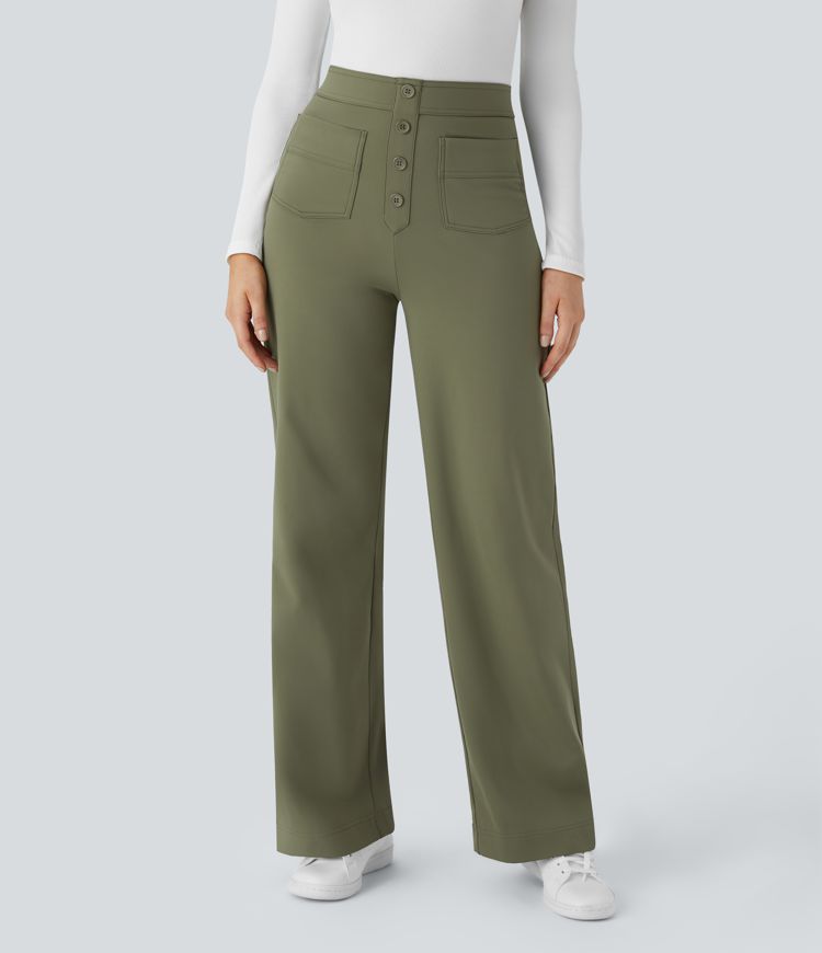 pantalon décontracté softlyzero en peluche thermique taille haute poches coupe droite.
