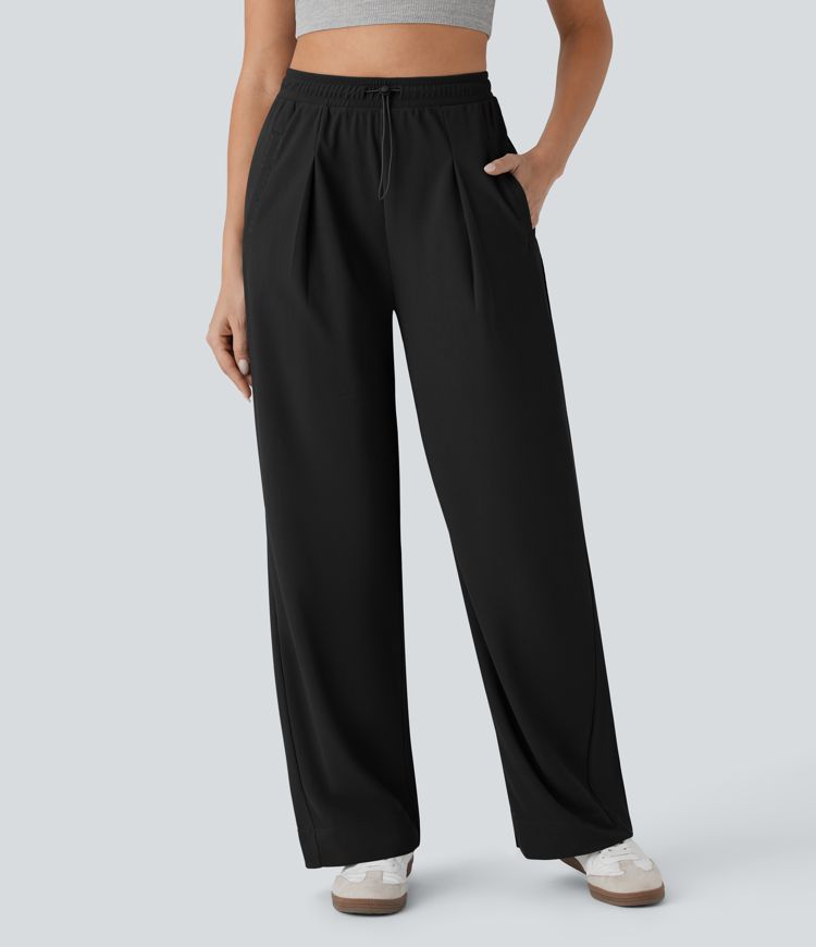 pantalon décontracté taille haute à poches et jambes droites en micro-gaufrette gaufrée